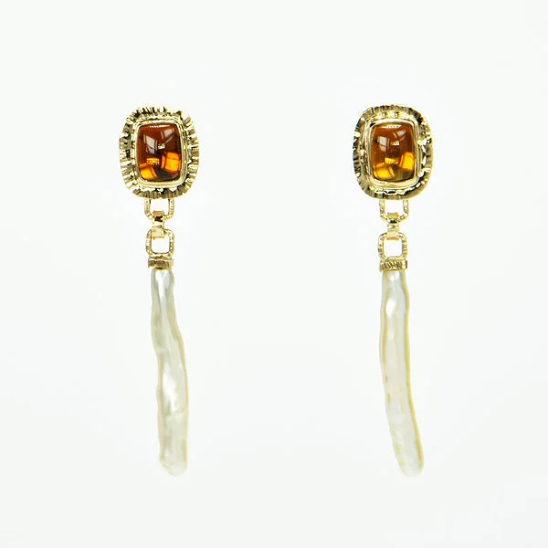 Amber Tourmaline & Freshwater Pearl Earrings