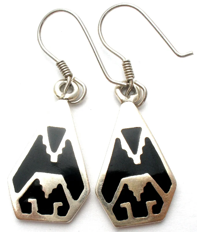 Aztec Style Black Enamel Earrings Sterling Silver