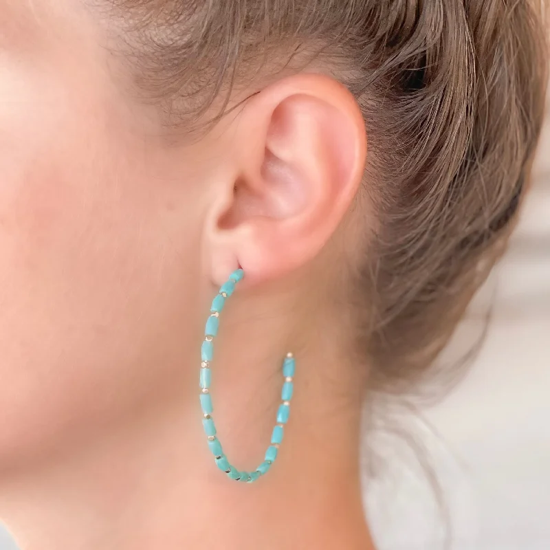 Beaded Gold Skinny Open Hoop Earrings - Aqua