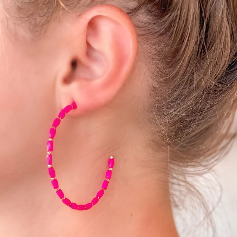 Beaded Gold Skinny Open Hoop Earrings - Pink