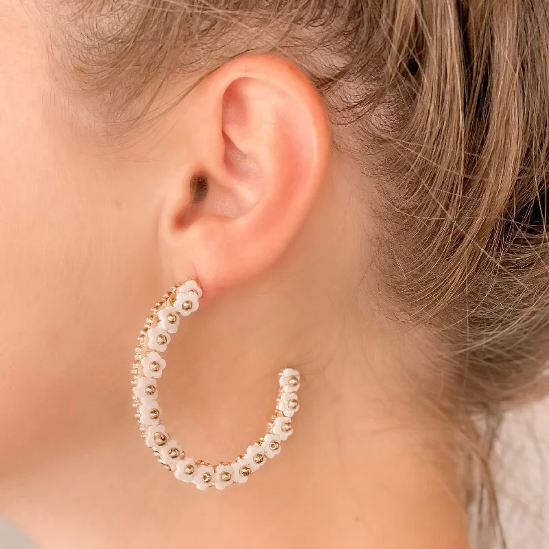 Beaded Mini Flower Lined Hoop Earrings - Ivory