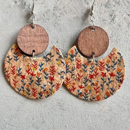 Beautiful Rustic Cork and Wood Floral Earrings