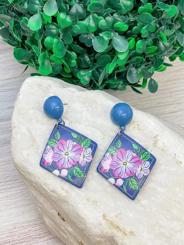 Blue Floral Mosaic Tile Dangle Earrings