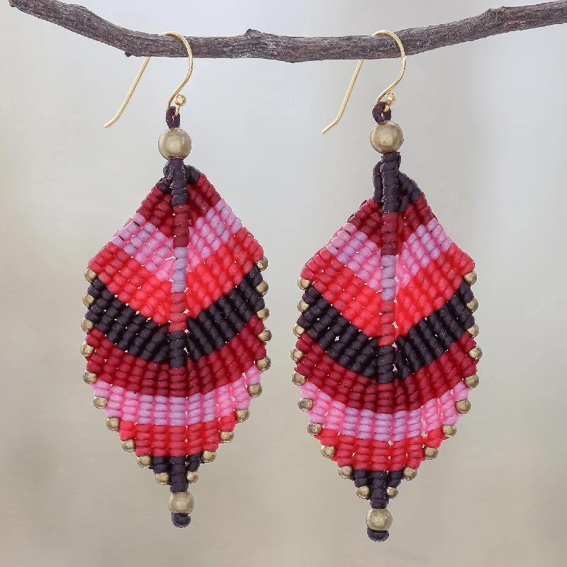 Boho Leaves in Pink Pink Leaf Waxed Cord Macrame Dangle Earrings