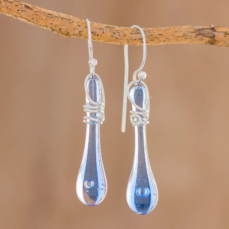 Bubbling Spring Glass Dangle Earrings in Blue from Costa Rica (1.8 inch)