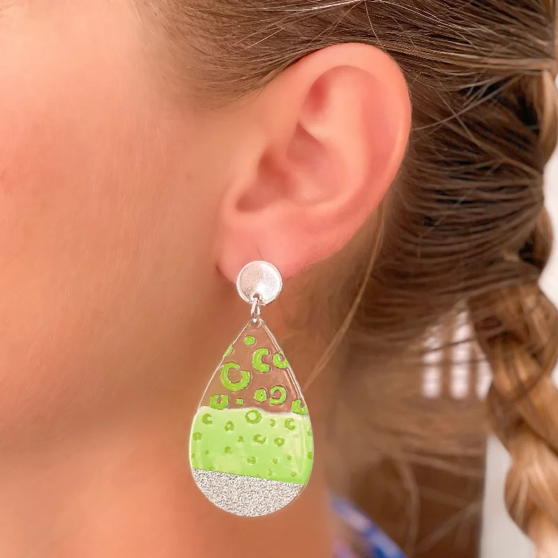 Cheetah Painted Clear Glitter Dangle Earrings - Green