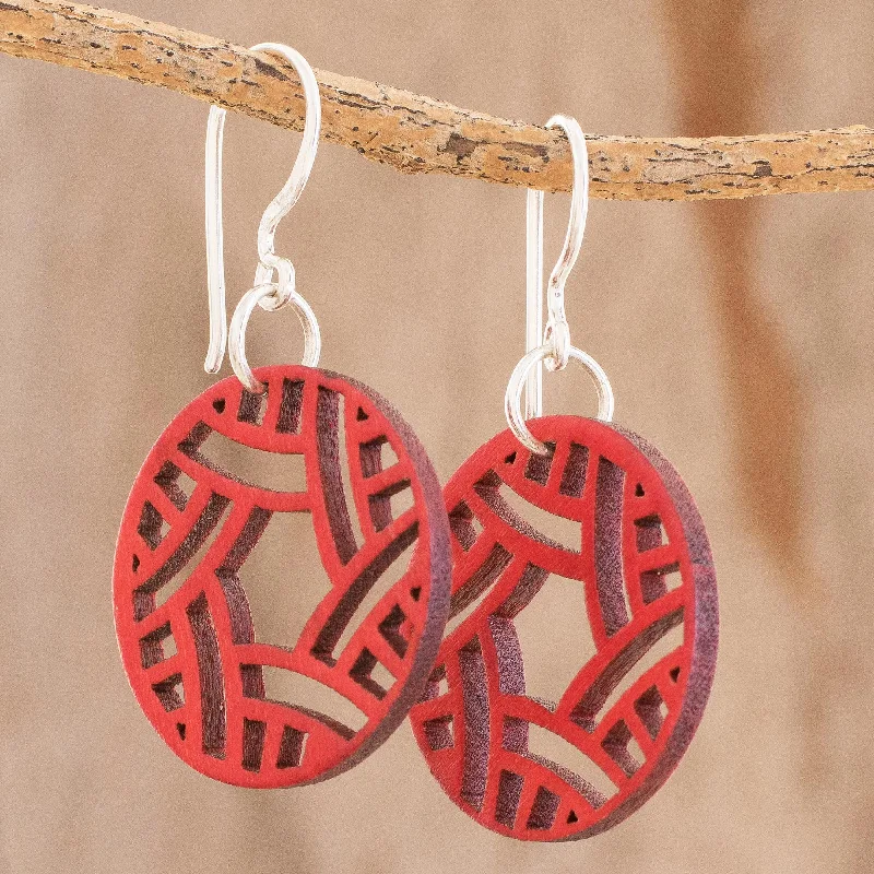 Circular Imagination Circular Recycled Wood Dangle Earrings in Red from Guatemala