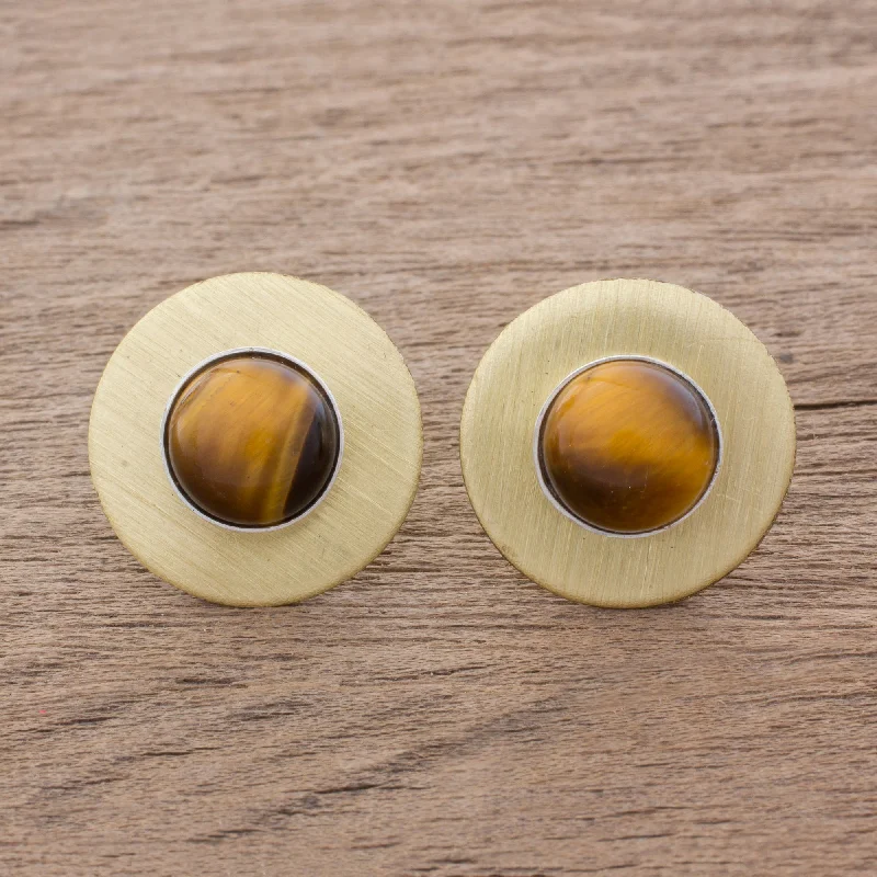 Complex Rings Modern Tiger's Eye Button Earrings from Guatemala