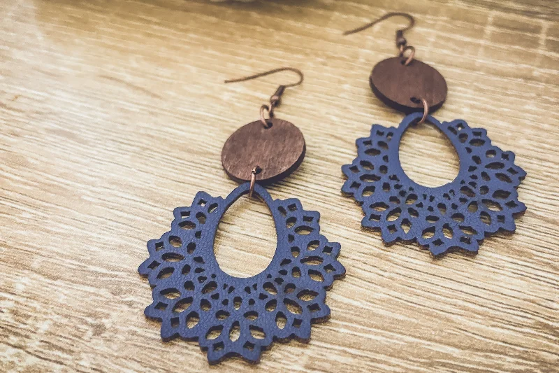 Beautiful Blue Wood and Leather  Earrings