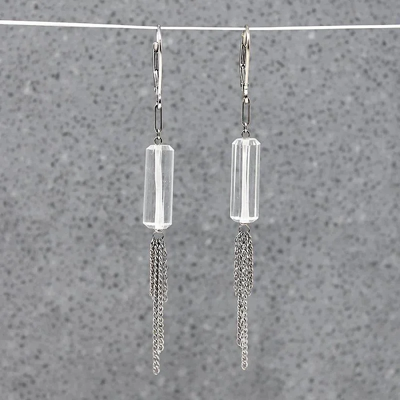 Crystal & White Gold Chain Tassel Earrings by brunet