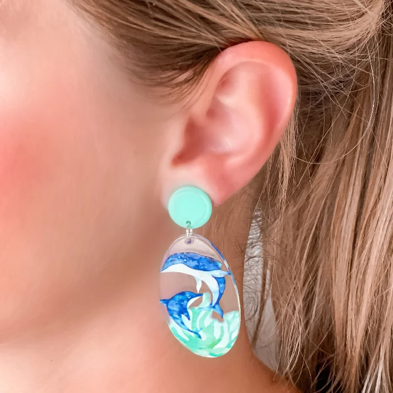 Dolphin Painted Clear Dangle Earrings