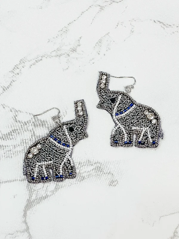 Elephant Beaded Dangle Earrings - Silver