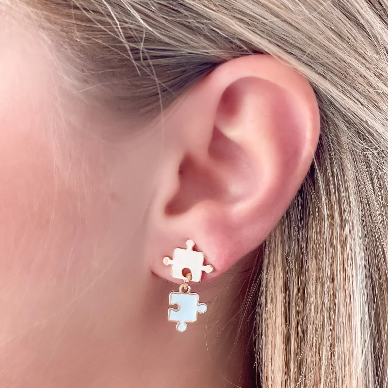 Enamel Puzzle Piece Dangle Earrings - White