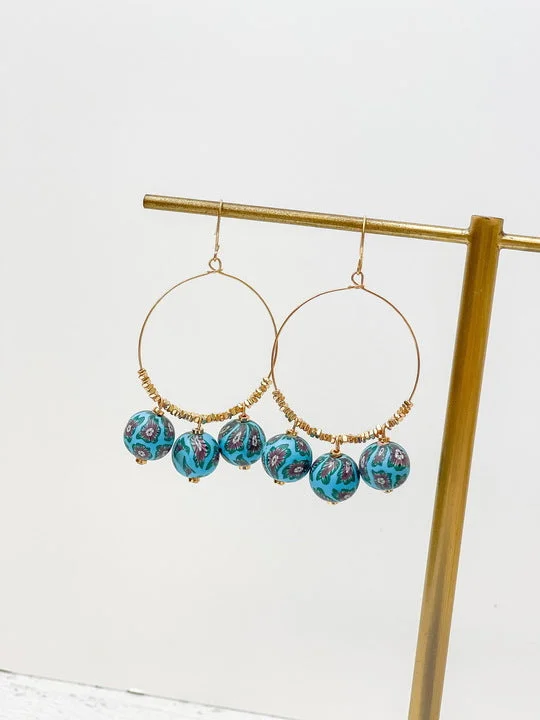 Floral Clay Beaded Dangle Earrings - Blue