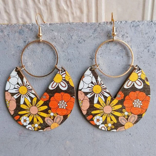 Geometric Retro Pattern Circle Wood Earrings