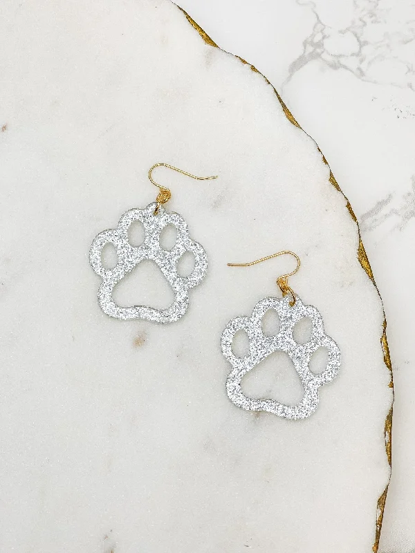 Glittery Paw Print Dangle Earrings - Silver