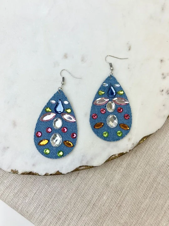 Glitzy Jewel Denim Dangle Earrings