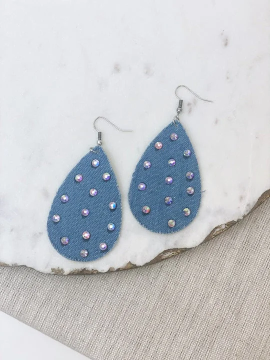 Glitzy Rhinestone Denim Dangle Earrings