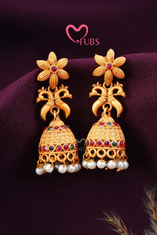 Gold Plated Stunning Stone Flower Peacock Jhumka