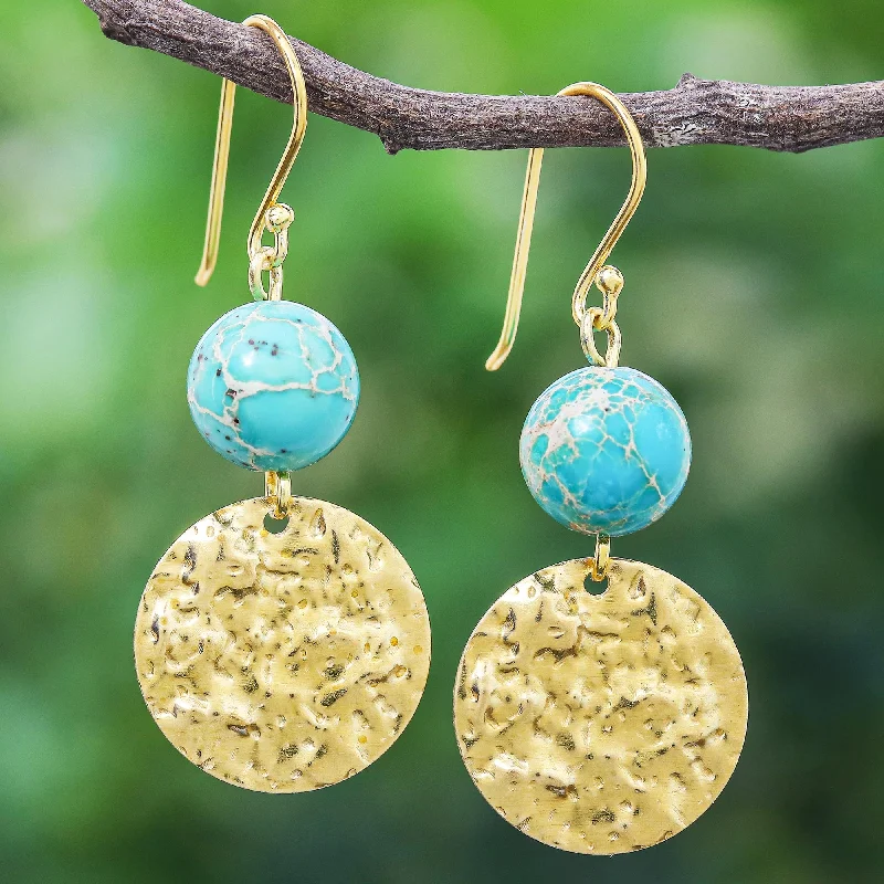 Golden Coin in Turquoise Reconstituted Turquoise Bead and Brass Coin Dangle Earrings