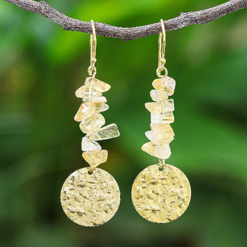 Golden Coin in Yellow Citrine and Brass Coin Dangle Earrings