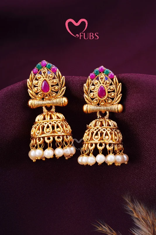 Golden Stone Studded Pan Leaf Beaded Jhumka