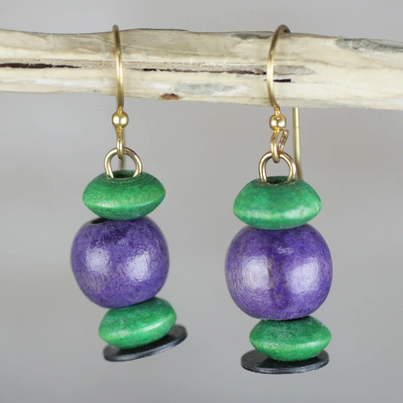 Grape Vineyard Purple and Green Sese Wood Beaded Dangle Earrings