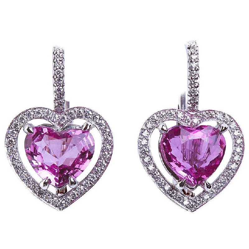 Heart Shape No Heat Natural Pink Sapphire Diamond Halo Earrings GIA 3.66 Carat