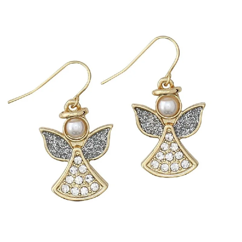 Holiday Earrings Silver Gold Crystal Angel w/ Pearl