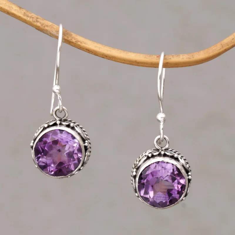 Iridescent Circles Circular Amethyst and Silver Dangle Earrings from Bali