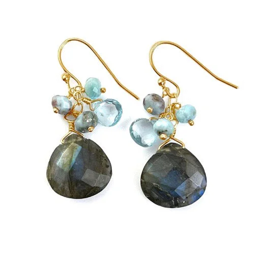 Labradorite, Blue Topaz, Larimar Cluster Earrings