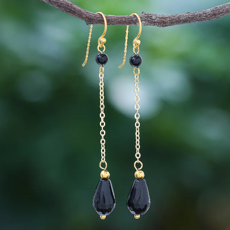 Night Teardrops Hand Made Gold-Plated Onyx Dangle Earrings from Thailand