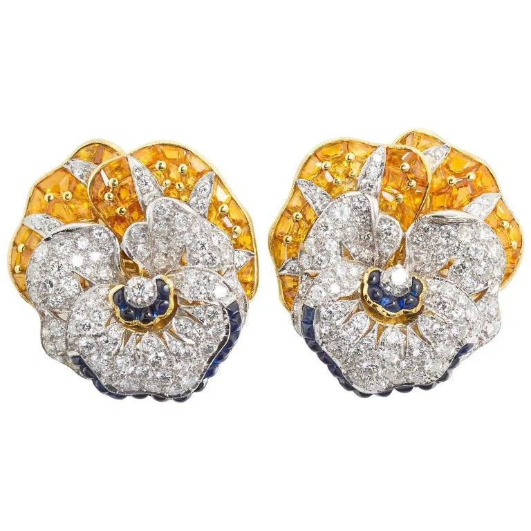 Oscar Heyman Diamond Blue Yellow Sapphire Pansy Earrings