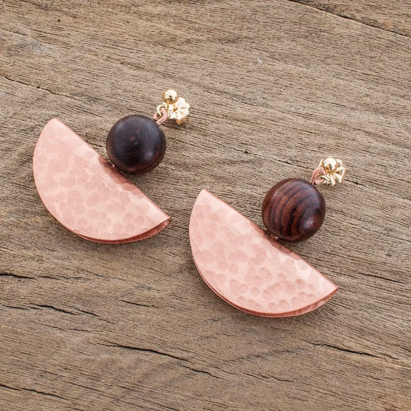 Playful Textures in Copper Handcrafted Hammered Copper and Wood Bead Dangle Earrings