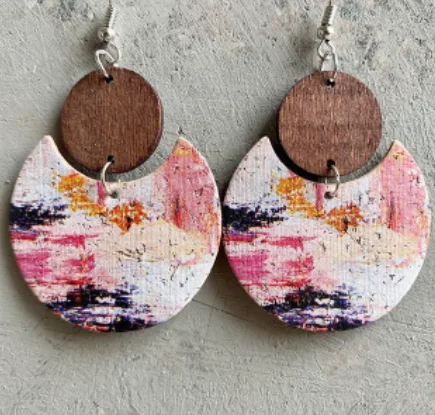 Pretty Pink Wood and Cork Mural Earrings