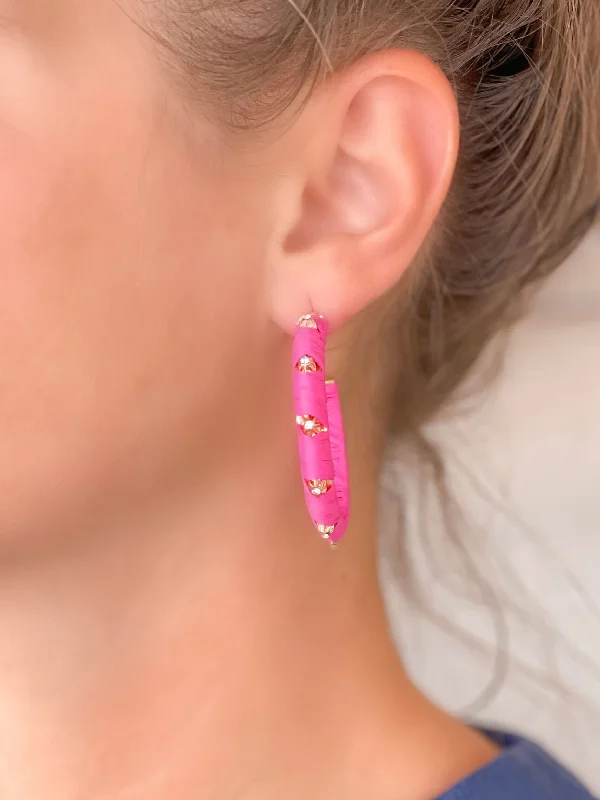 Raffia Wrapped Rhinestone Hoop Earrings - Pink