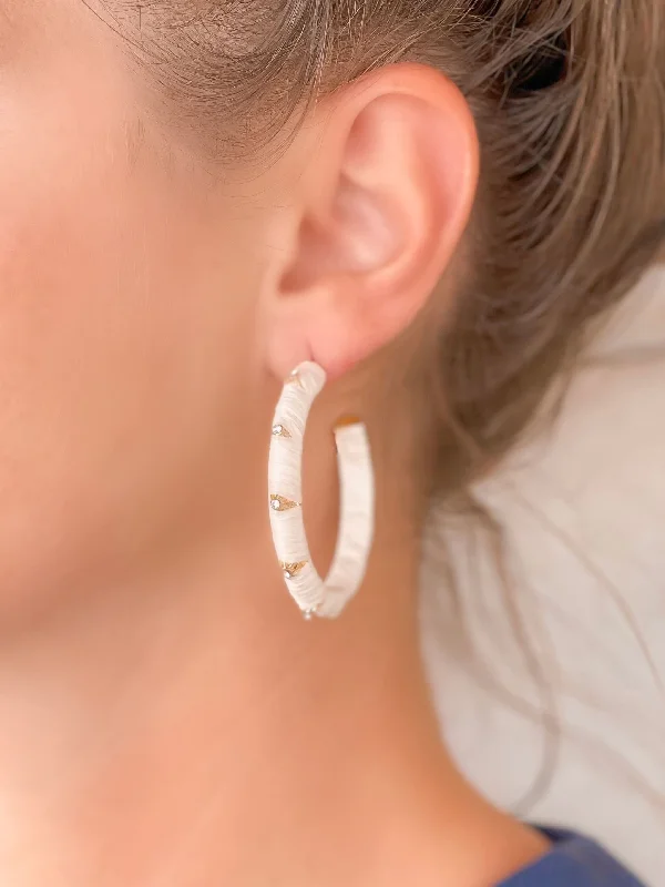 Raffia Wrapped Rhinestone Hoop Earrings - White