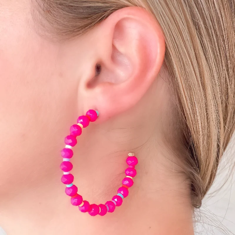 Rainbow Beaded Open Hoop Earrings - Pink