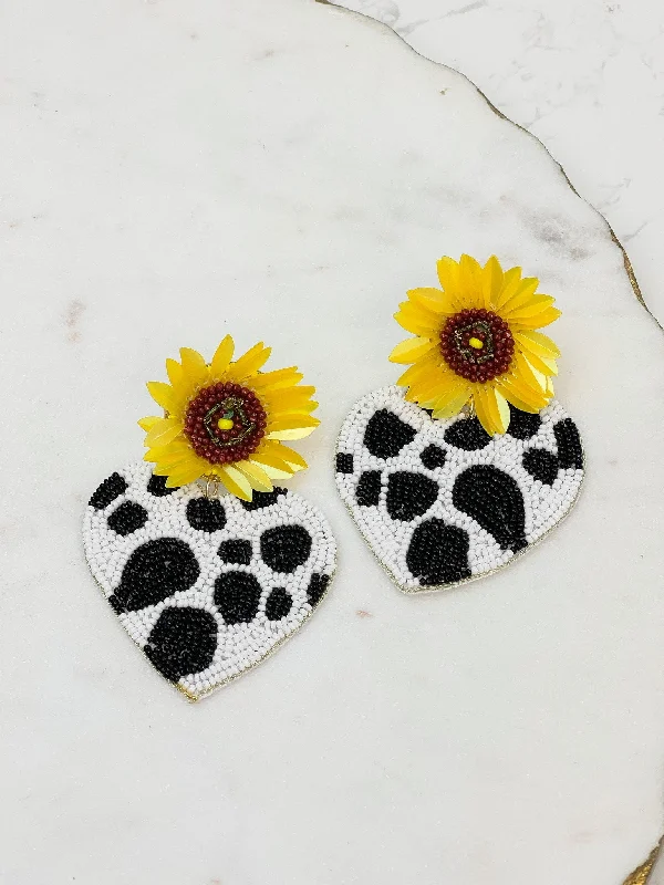 Sunflower Post Cow Print Heart Dangle Earrings