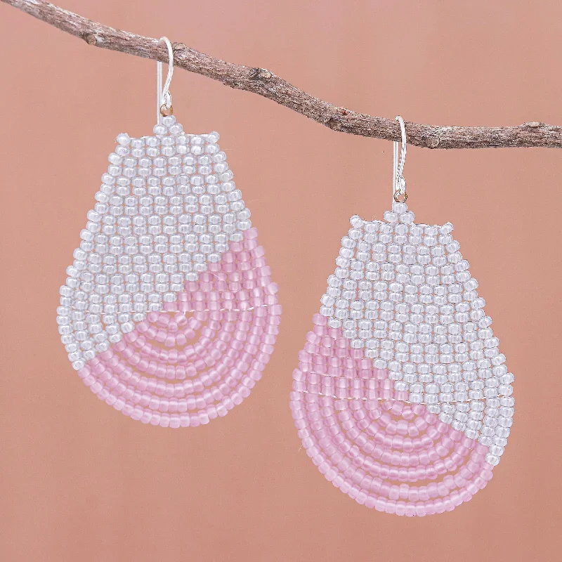 Thai Moon in Pink White and Pink Glass Beaded Dangle Earrings