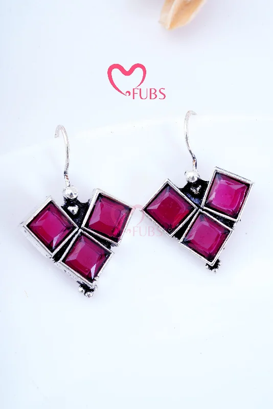 Three Square Stone Oxidized Earrings