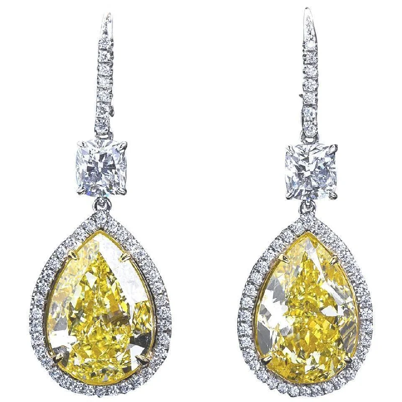 Twenty Carat Fancy Yellow Pear Shaped Diamond Dangle Earrings