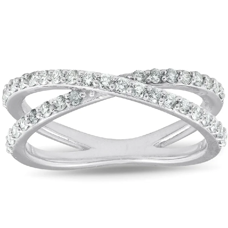 1/2Ct Diamond X Ring Wide Womens Fashion Design Multi Row Band 10k White Gold