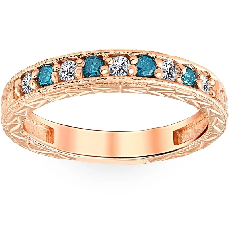 1/4CT Blue & White Diamond Wedding Anniversary Ring 14K Rose Gold