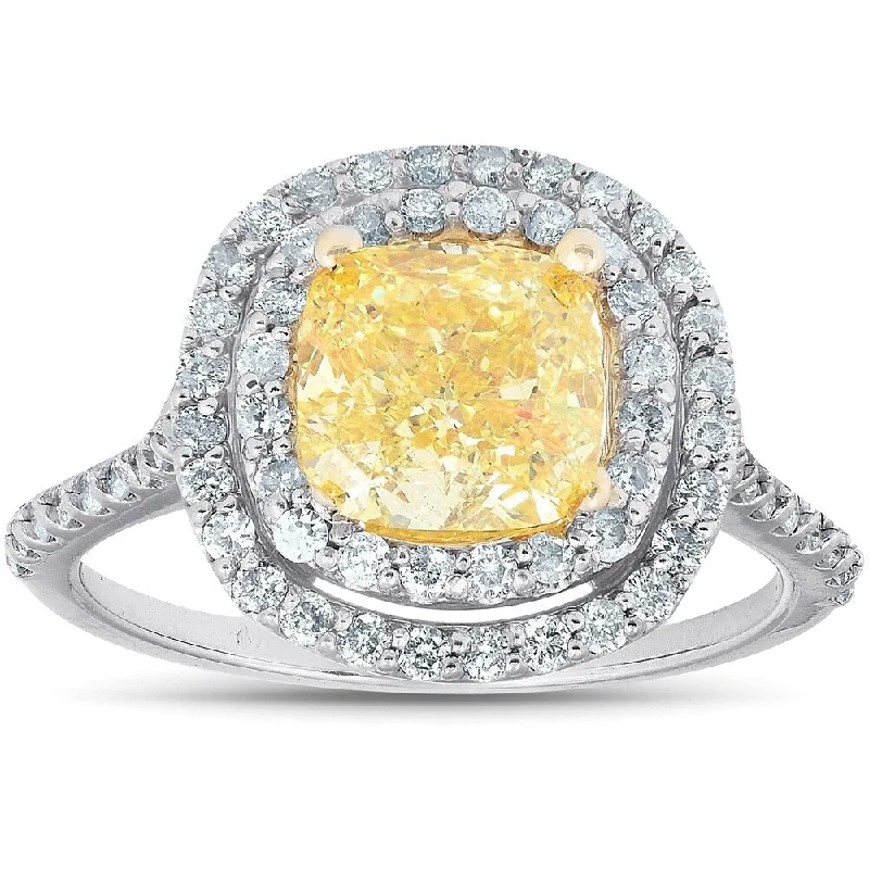 1.67Ct Diamond Fancy Yellow Cushion Double Halo Engagement Ring 14k White Gold