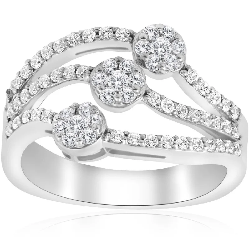 14k White Gold 3/4 ct TDW Diamond Multi Row Womens Anniversary Wide Right Hand Ring