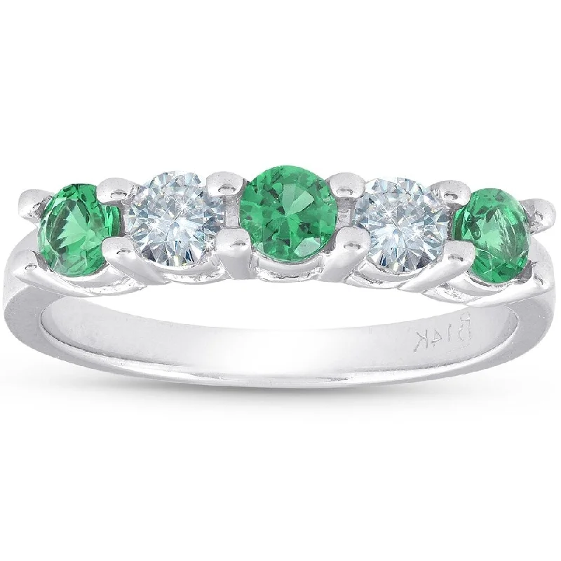 3/4ct Emerald & Diamond 5-Stone Wedding Ring 14K White Gold