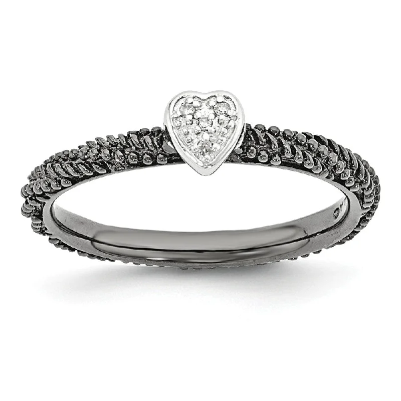 Black Plated Sterling Silver .02 Ctw Diamond 5mm Heart Stackable  Ring