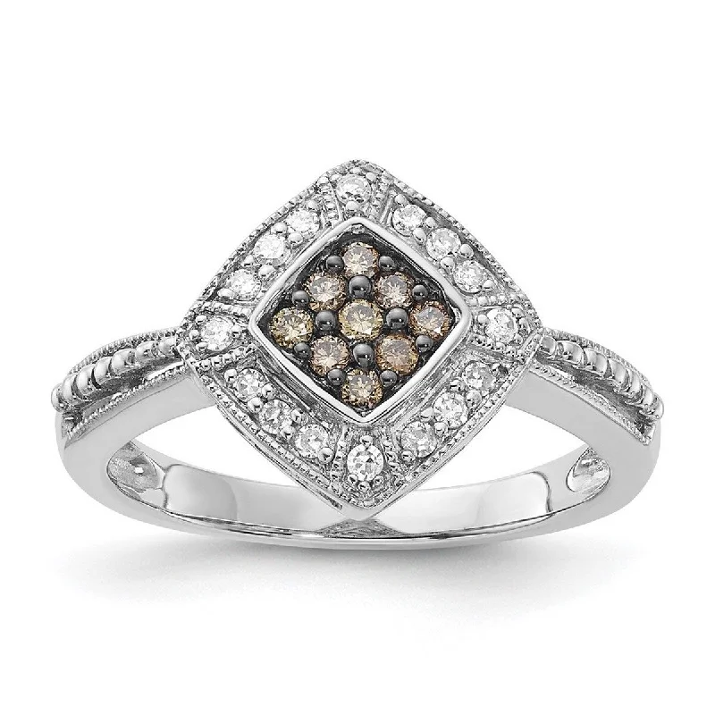 Curata 925 Sterling Silver Open back Champagne Diamond and Small Diamond Shape Ring