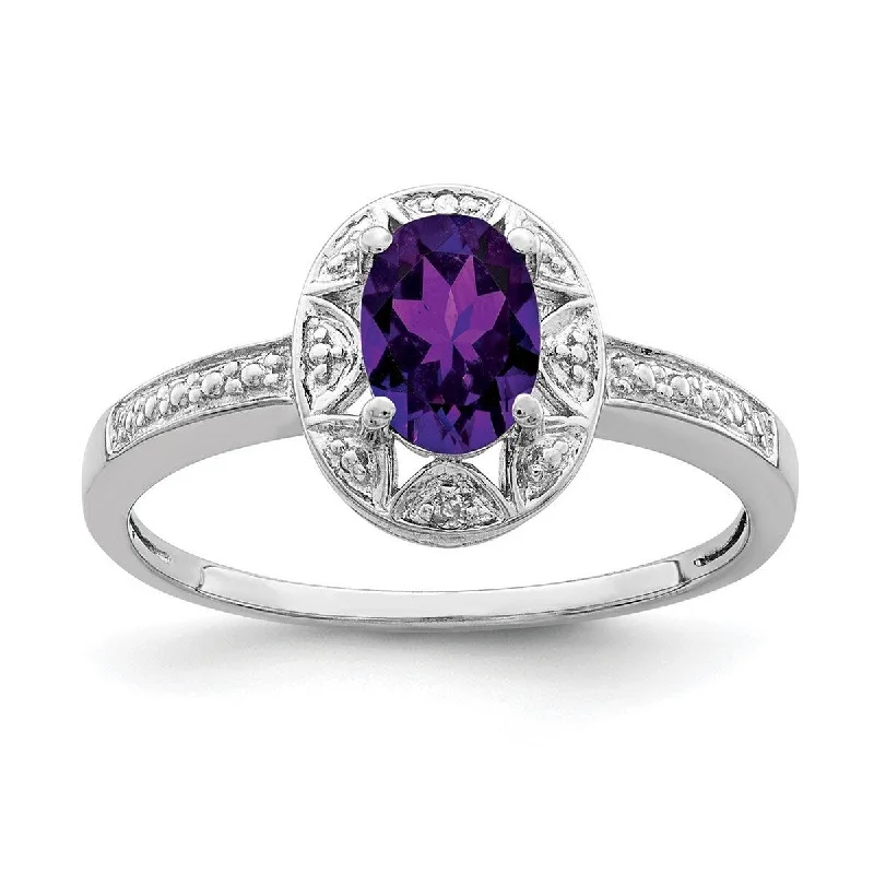 Curata 925 Sterling Silver Oval Polished Diamond and Amethyst Ring